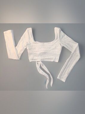 White Textured Square-Neck Long-Sleeve Tie-Back Crop Top